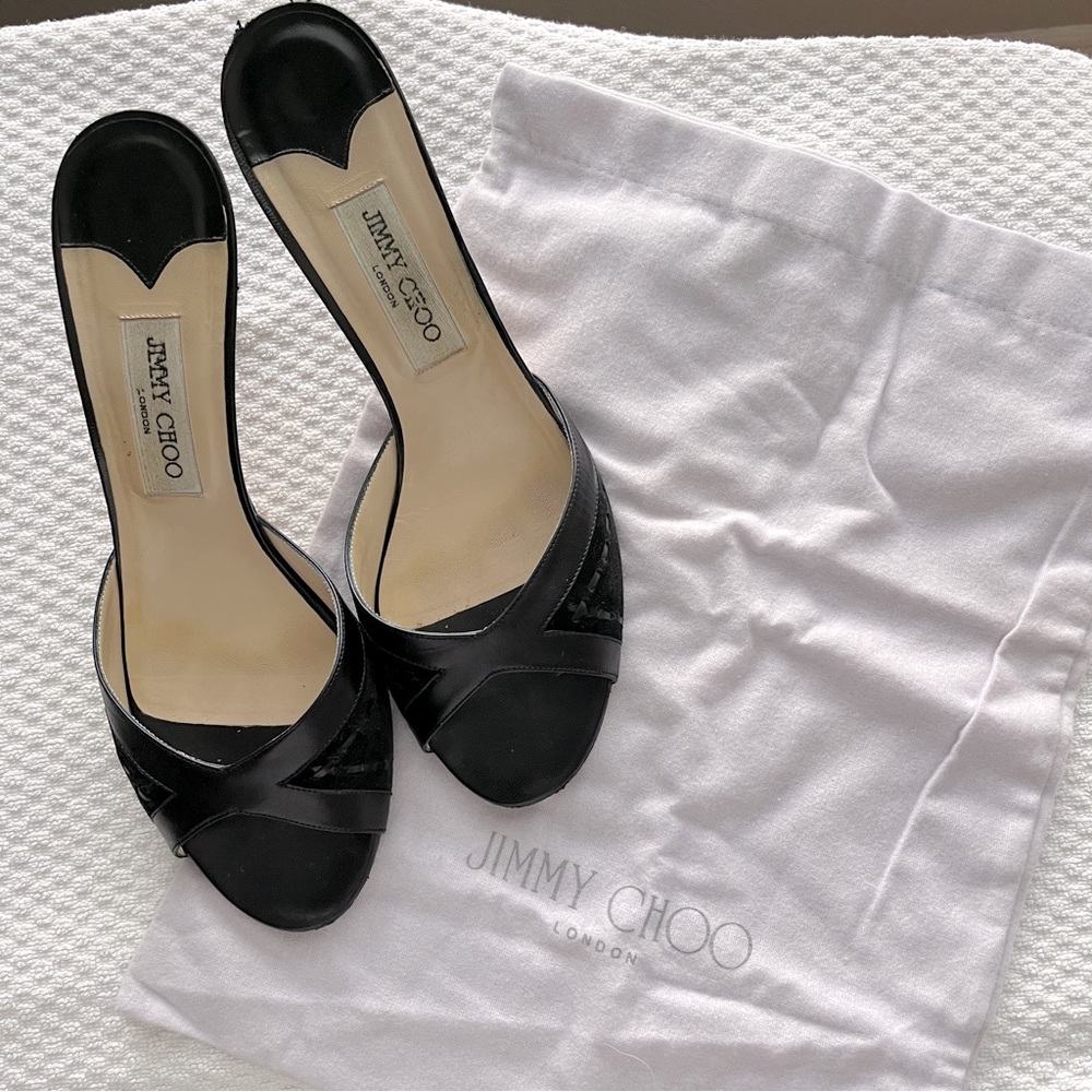 Jimmy Choo “presto” black suede/kid leather open toe heel sandal